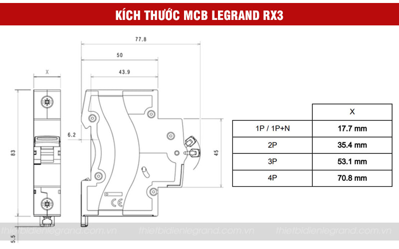 Kích thước MCB Legrand dòng RX3