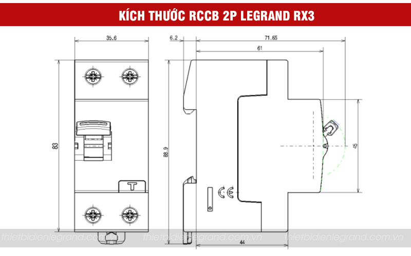 Kích thước RCCB 2P Legrand RX3